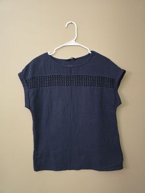 Navy Short-Sleeve Blouse Navy Blue  100% cotton Women Size S
